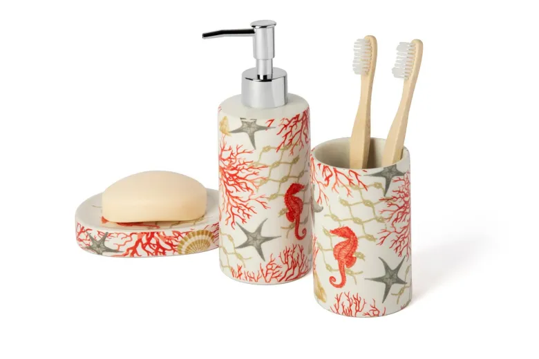 Accessori bagno in set, 3 pezzi, conchiglie e coralli