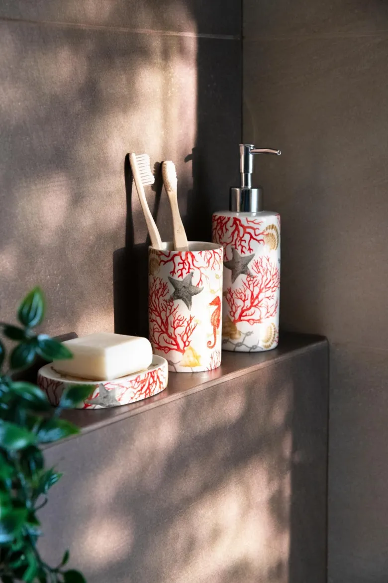 Accessori bagno in set, 3 pezzi, conchiglie e coralli