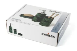 Accessori bagno in set, 3 pezzi, foglie e felci, verde