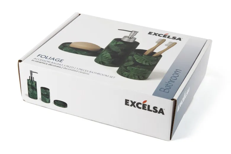 Accessori bagno in set, 3 pezzi, foglie e felci, verde