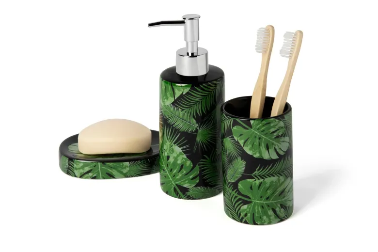 Accessori bagno in set, 3 pezzi, foglie e felci, verde