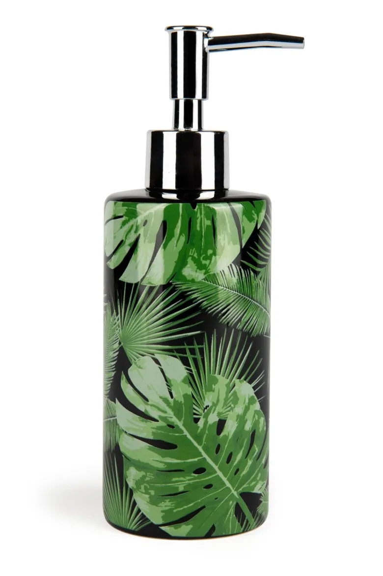 Accessori bagno in set, 3 pezzi, foglie e felci, verde