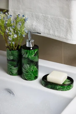Accessori bagno in set, 3 pezzi, foglie e felci, verde