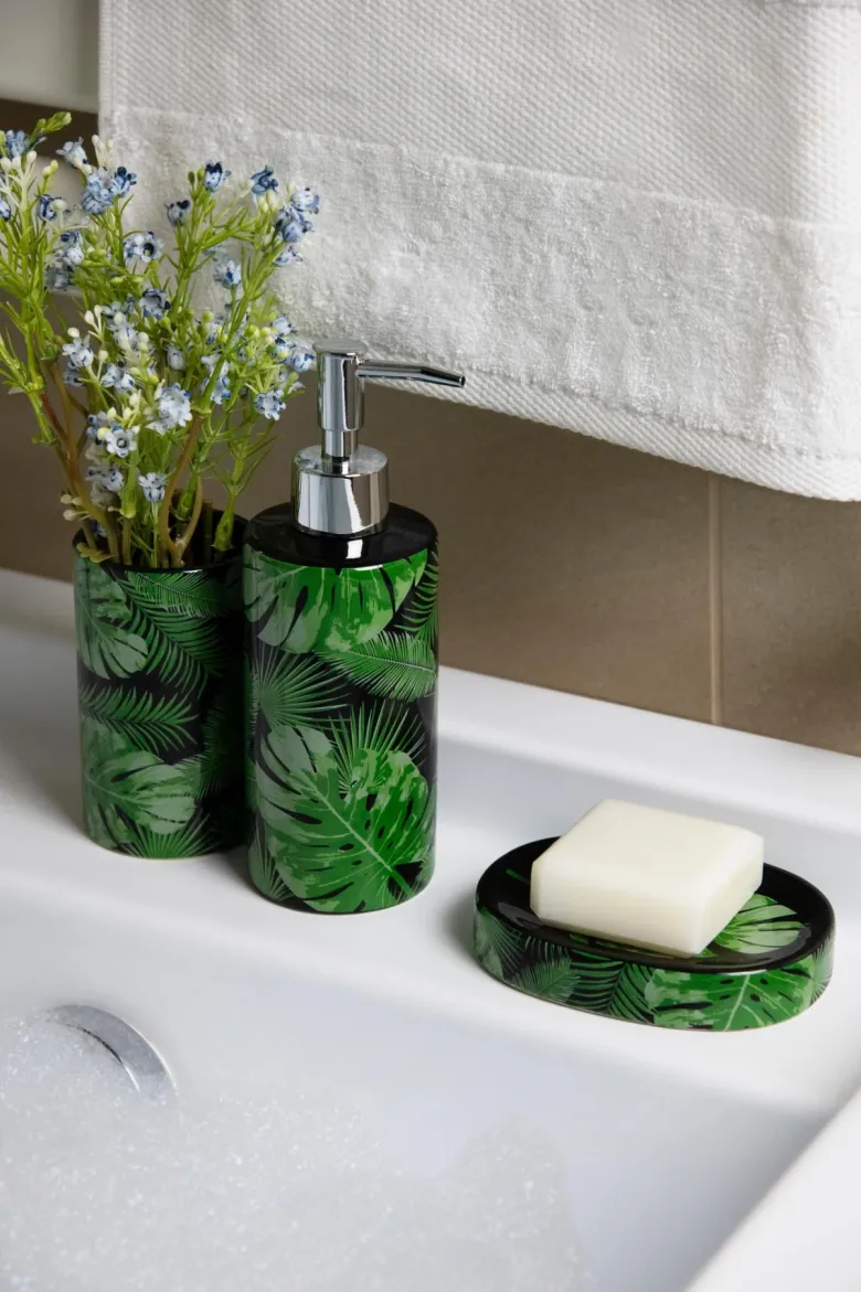 Accessori bagno in set, 3 pezzi, foglie e felci, verde