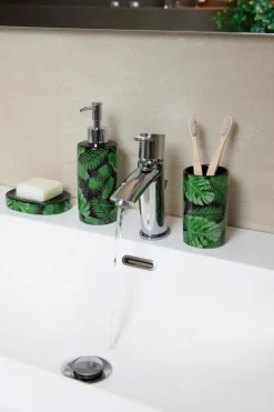 Accessori bagno in set, 3 pezzi, foglie e felci, verde