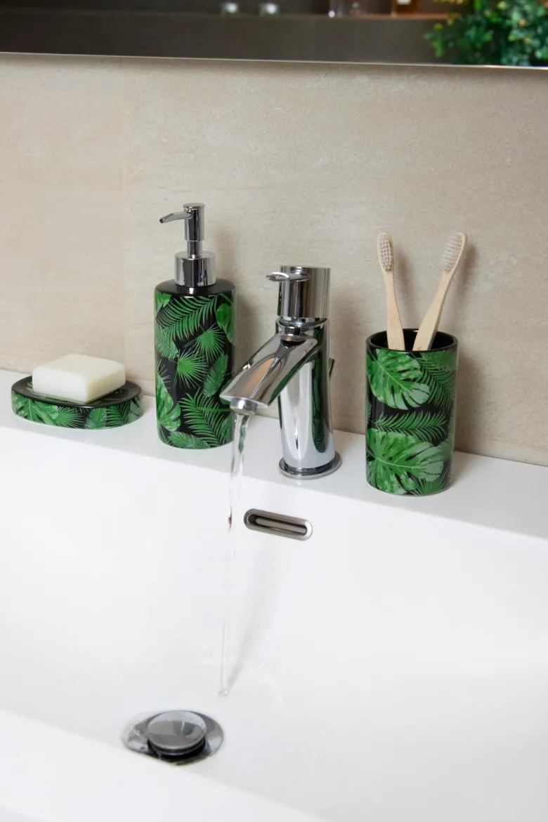 Accessori bagno in set, 3 pezzi, foglie e felci, verde