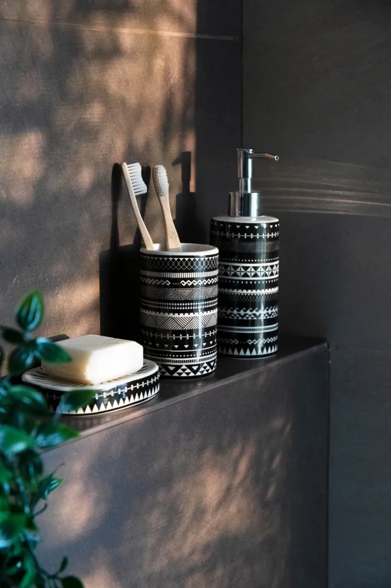 Accessori bagno in set, 3 pezzi, stile etnico, bianco, nero