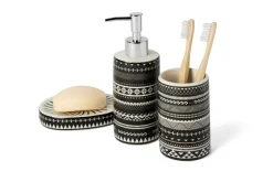Accessori bagno in set, 3 pezzi, stile etnico, bianco, nero