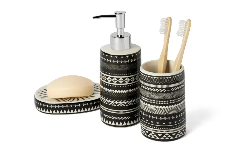 Accessori bagno in set, 3 pezzi, stile etnico, bianco, nero