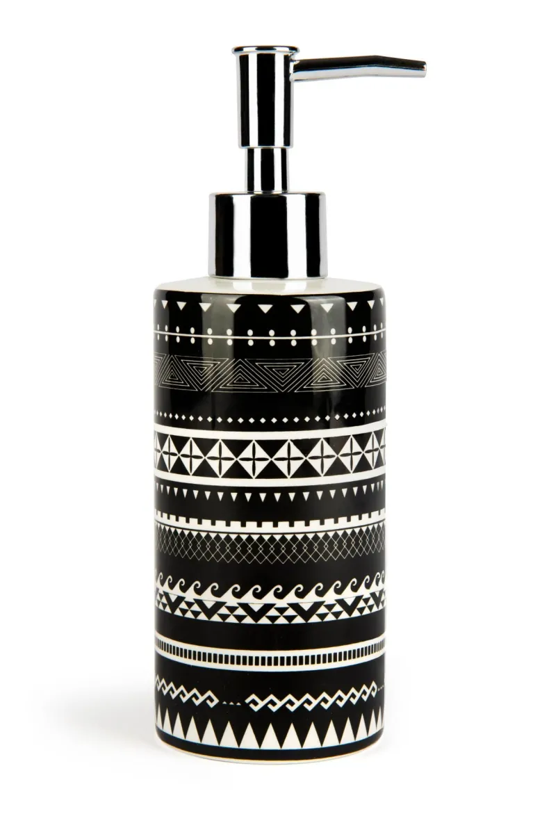 Accessori bagno in set, 3 pezzi, stile etnico, bianco, nero
