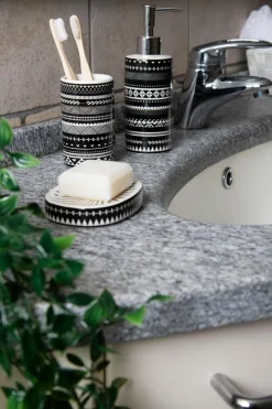 Accessori bagno in set, 3 pezzi, stile etnico, bianco, nero