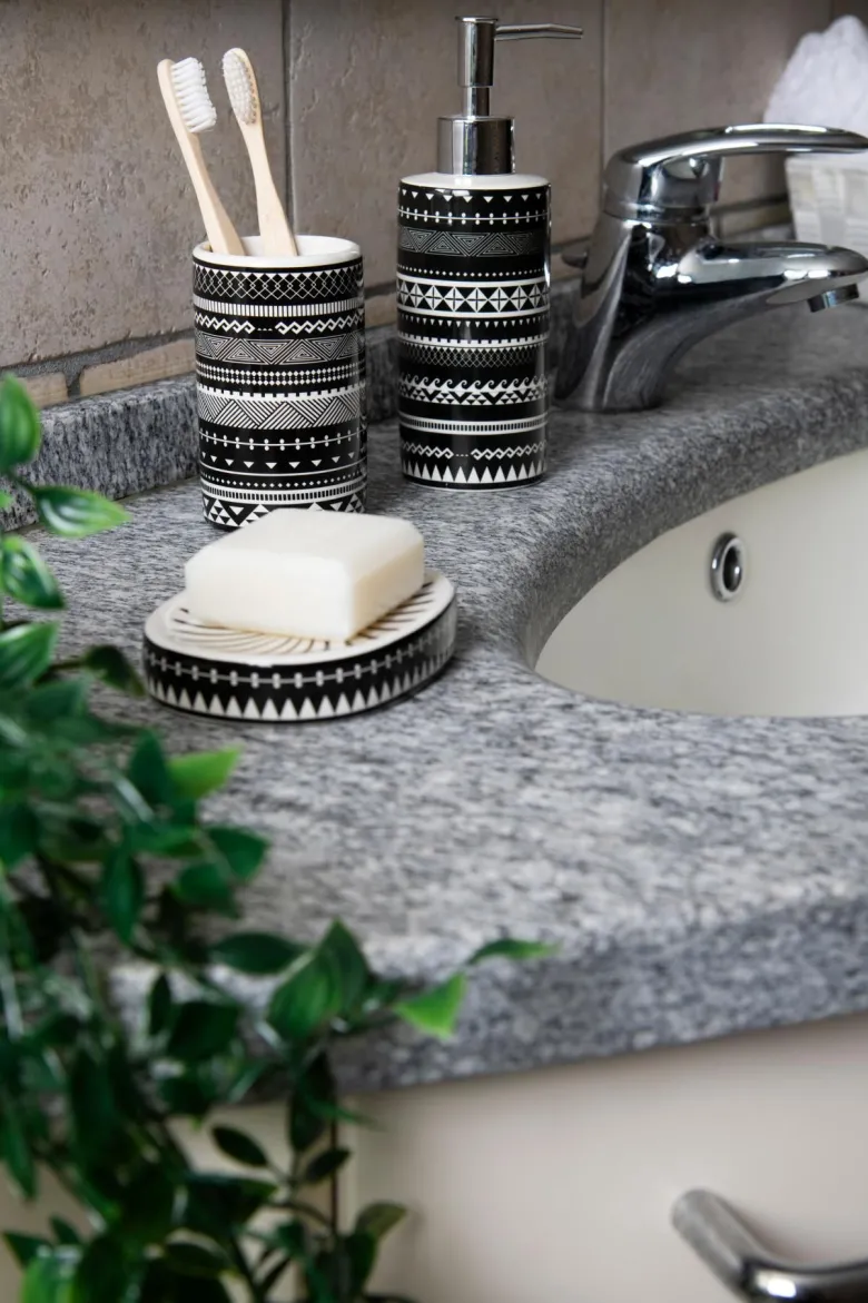 Accessori bagno in set, 3 pezzi, stile etnico, bianco, nero