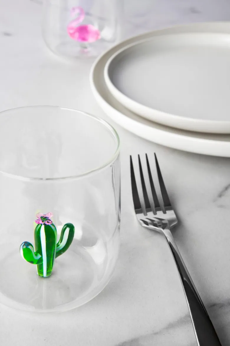 Bicchieri acqua, 4 pezzi, vetro con personaggio fenicottero