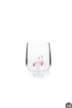 Bicchieri acqua, 4 pezzi, vetro con personaggio fenicottero