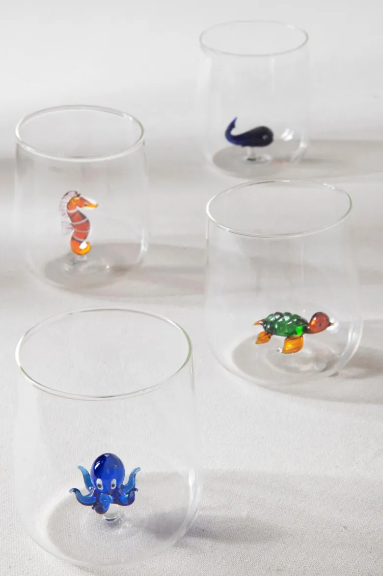 Bicchieri acqua, 4 pezzi, vetro con personaggio tartaruga