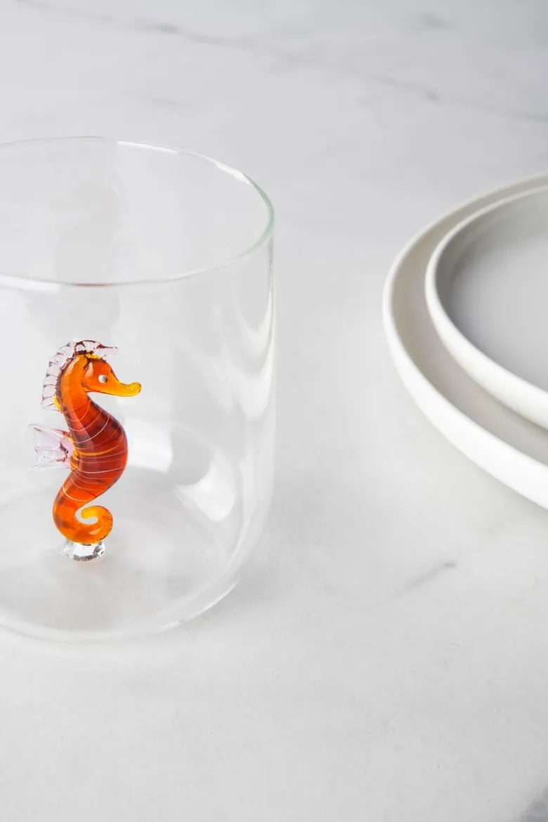 Bicchieri acqua, 4 pezzi, vetro con personaggio marino