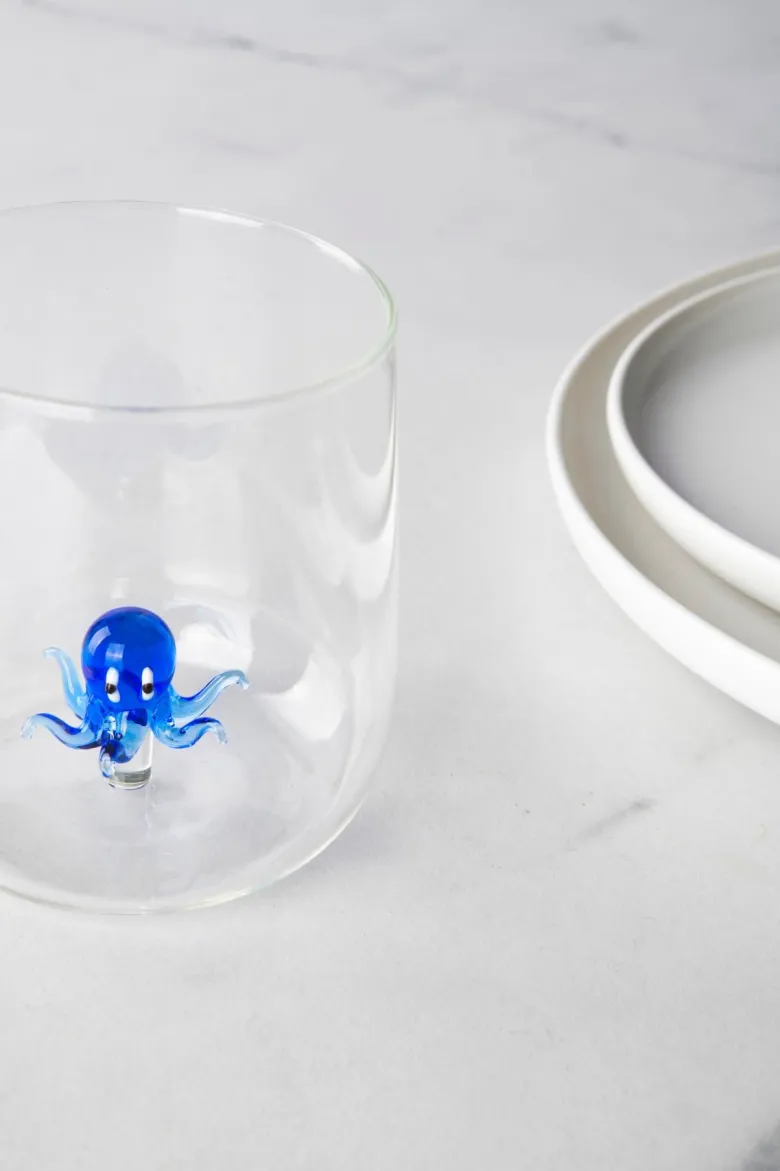 Bicchieri acqua, 4 pezzi, vetro con personaggio marino