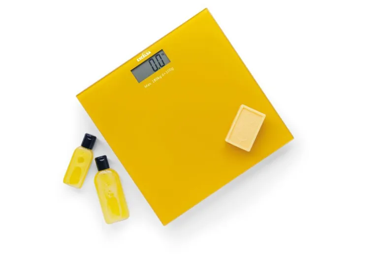 Bilancia pesapersone, elettronica, vetro, giallo