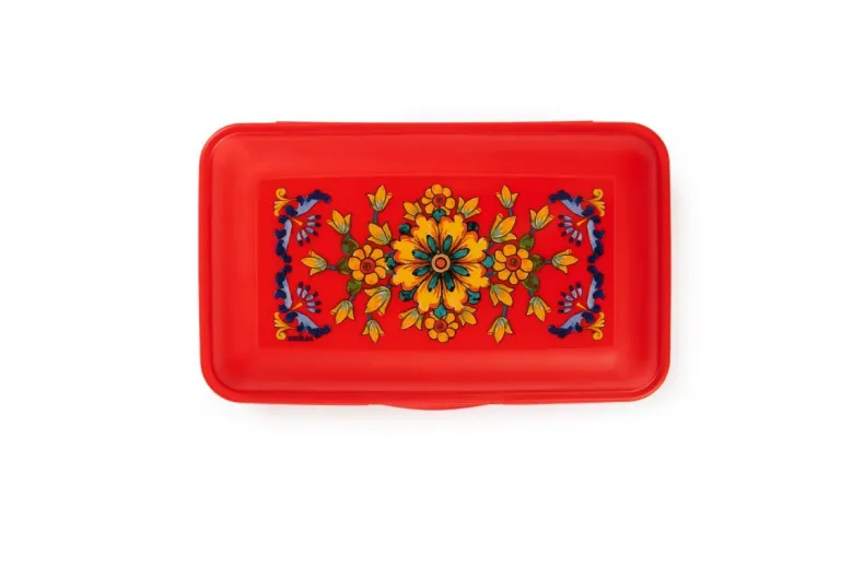 Contenitore portapranzo con posate, stile siciliano, rosso