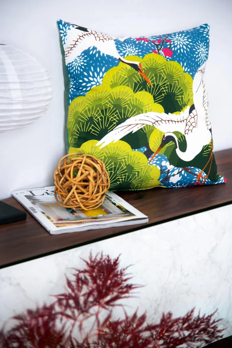 Cuscino decorativo, stile giapponese, airone, 45x45 cm