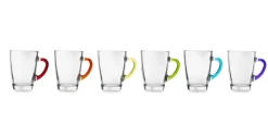Mug, 6 pezzi, vetro trasparente, manico colorato