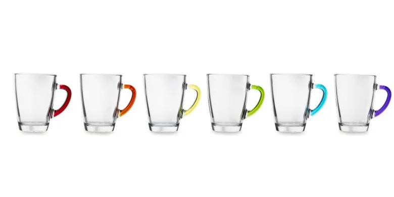 Mug, 6 pezzi, vetro trasparente, manico colorato