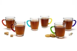 Mug, 6 pezzi, vetro trasparente, manico colorato