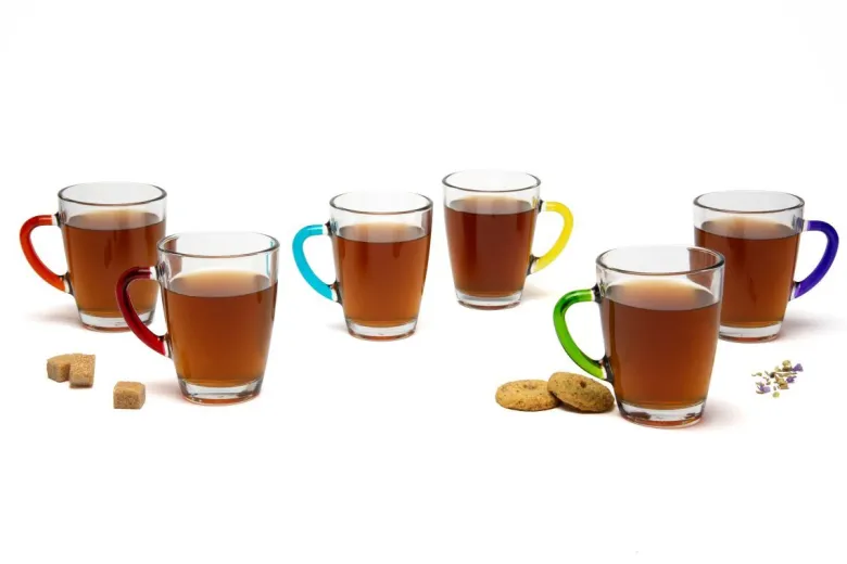 Mug, 6 pezzi, vetro trasparente, manico colorato