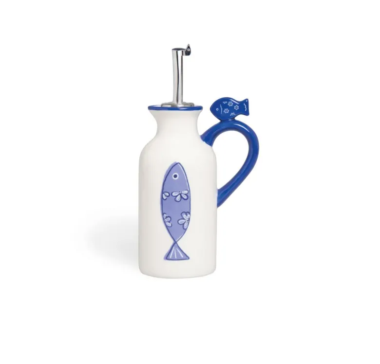 Oliera/acetiera con versatore, ceramica, pesci