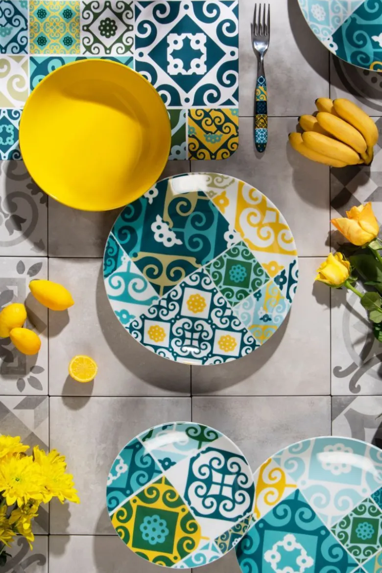 Posate, 24 pezzi, acciaio inox, giallo stile maiolica