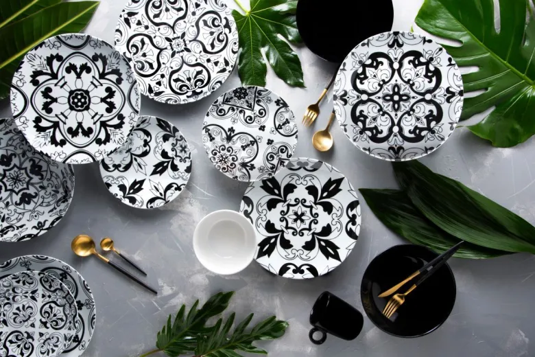 Posate, 24 pezzi, acciaio inox, stile orientale, nero e oro
