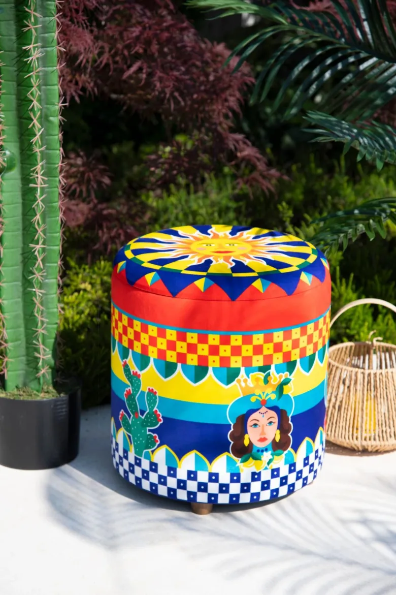 Pouf con contenitore, imbottito, stile siciliano