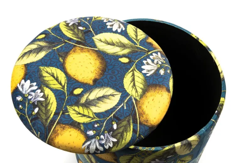 Pouf con contenitore, imbottito, con limoni