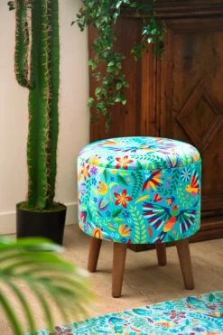 Pouf con contenitore, imbottito, fantasia fiori messicani