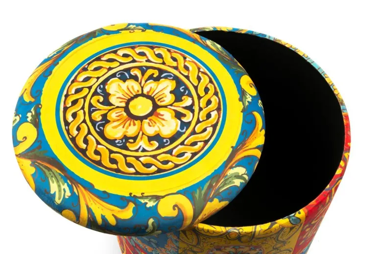 Pouf con contenitore, imbottito, fantasia siciliana