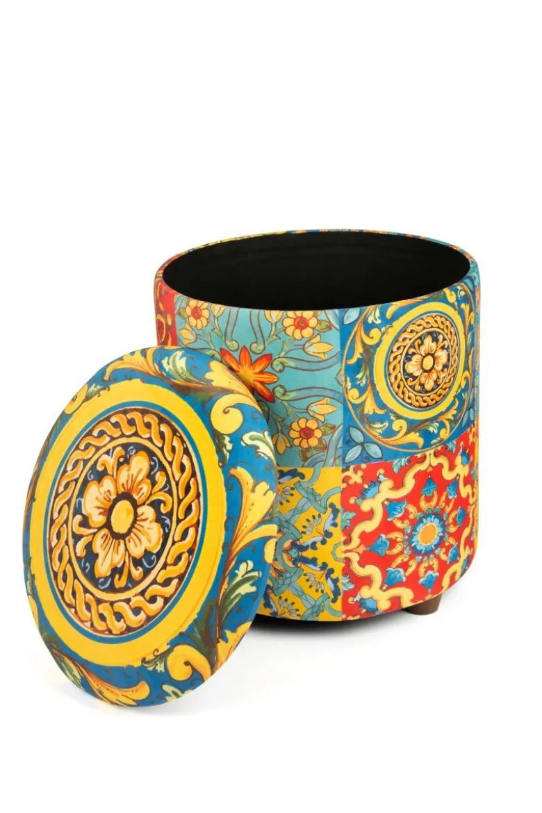 Pouf con contenitore, imbottito, fantasia siciliana