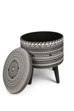 Pouf con contenitore, imbottito, etnico, bianco e nero