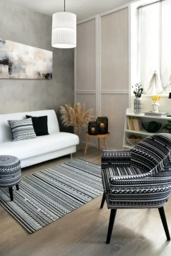 Pouf con contenitore, imbottito, etnico, bianco e nero