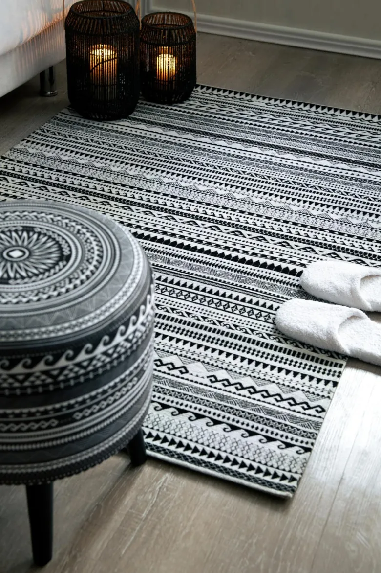 Pouf con contenitore, imbottito, etnico, bianco e nero