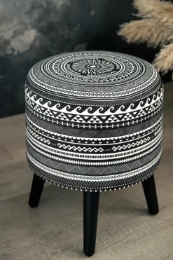 Pouf con contenitore, imbottito, etnico, bianco e nero