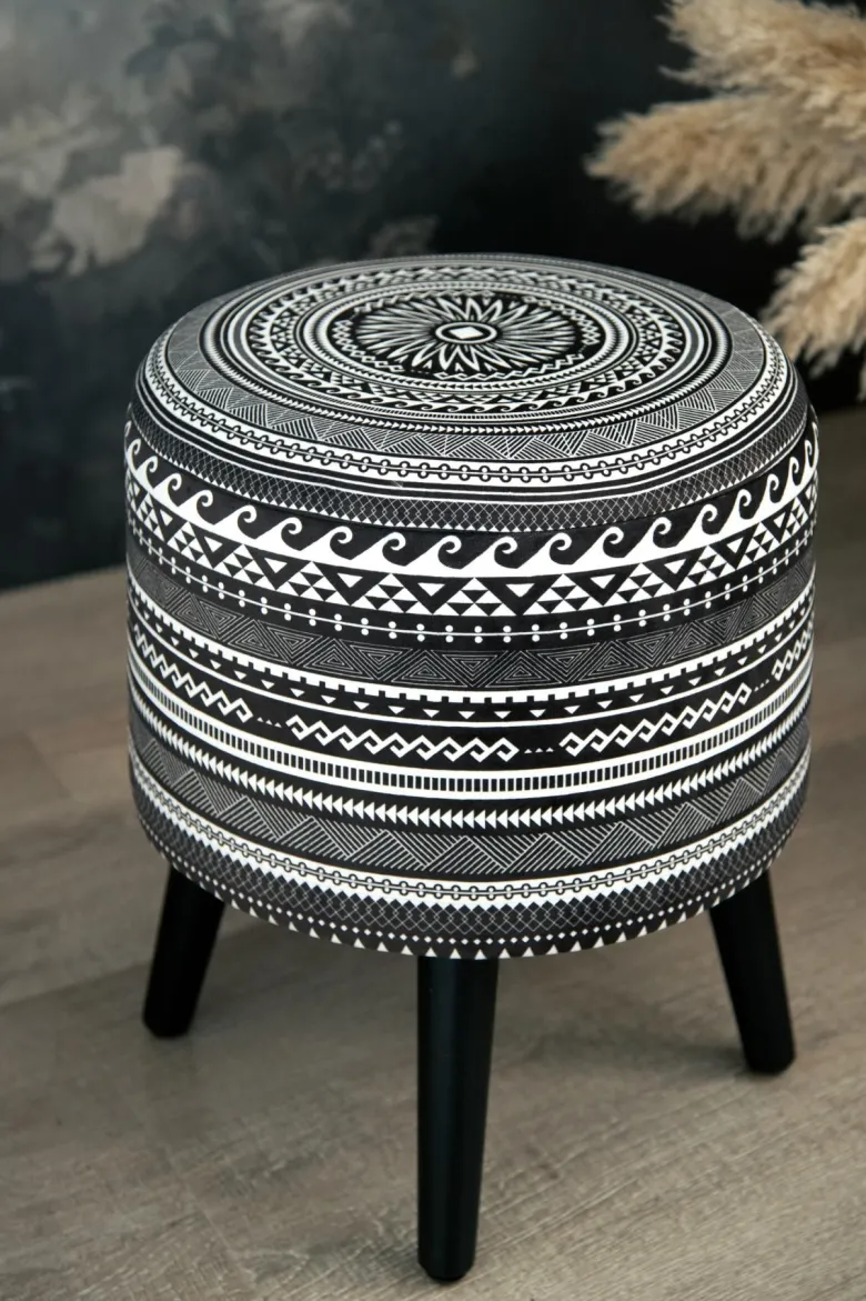 Pouf con contenitore, imbottito, etnico, bianco e nero
