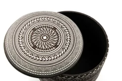 Pouf con contenitore, imbottito, etnico, bianco e nero