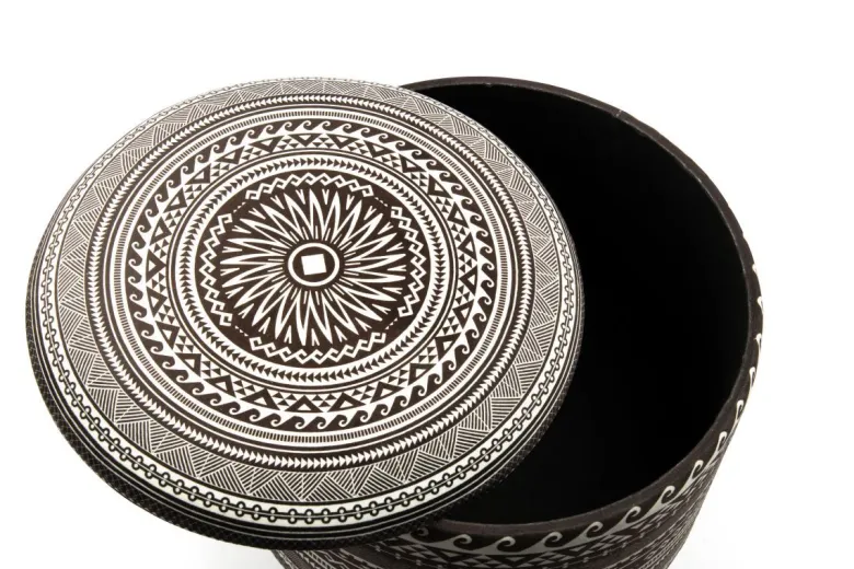 Pouf con contenitore, imbottito, etnico, bianco e nero