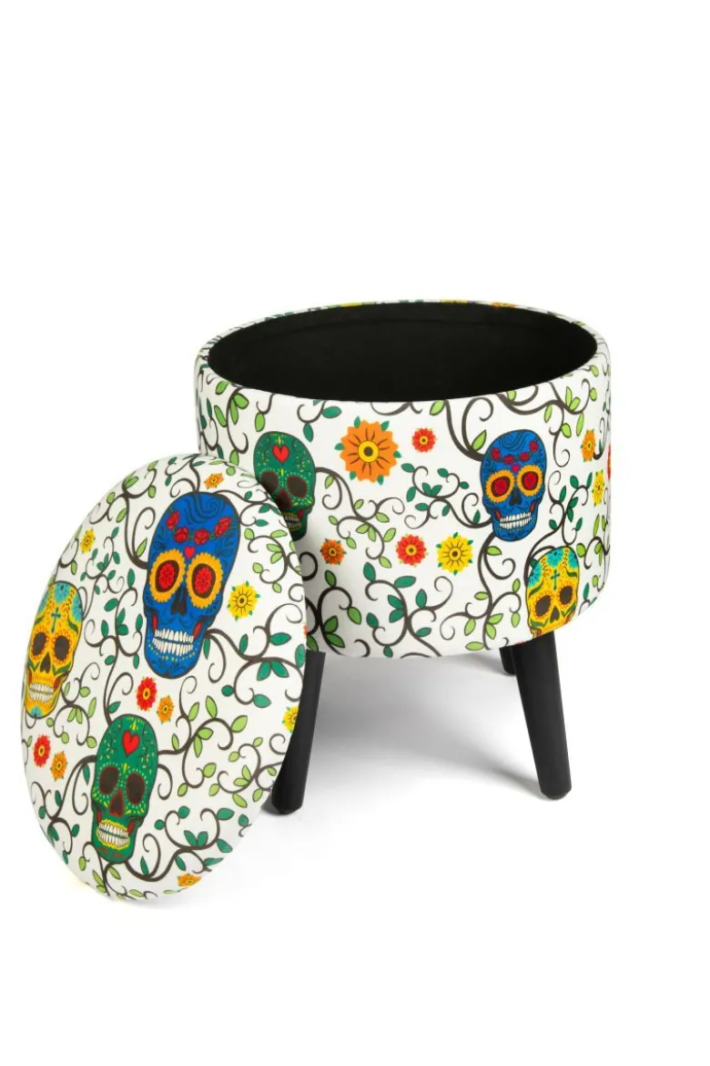 Pouf con contenitore, imbottito, con teschi