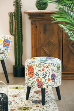 Pouf con contenitore, imbottito, con teschi