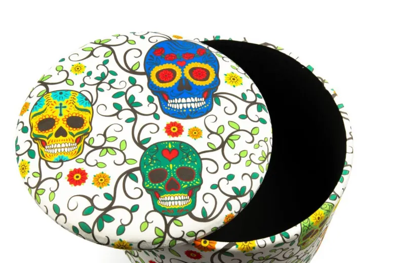 Pouf con contenitore, imbottito, con teschi