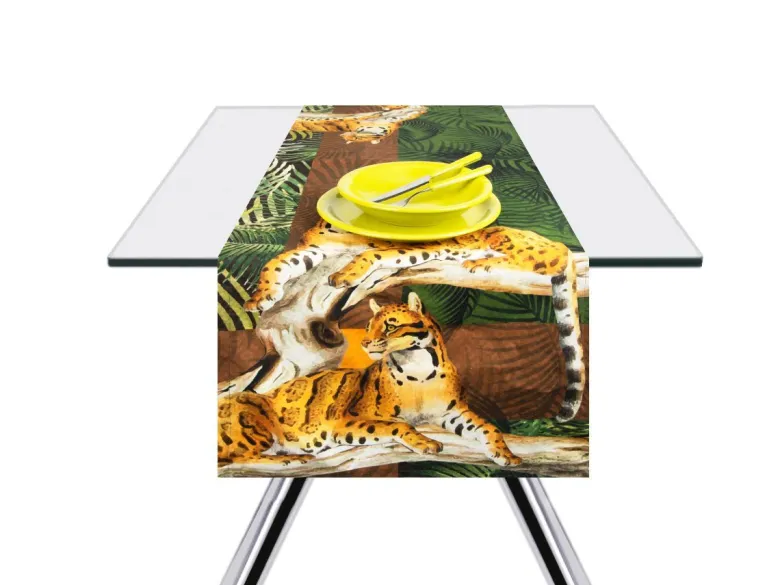 Runner jungle, leopardi e felci, 100% cotone, 50x160 cm