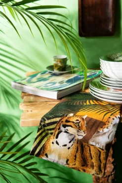 Runner jungle, leopardi e felci, 100% cotone, 50x160 cm