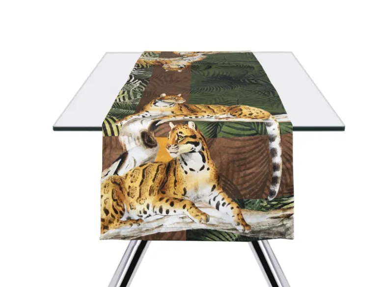 Runner jungle, leopardi e felci, 100% cotone, 50x160 cm