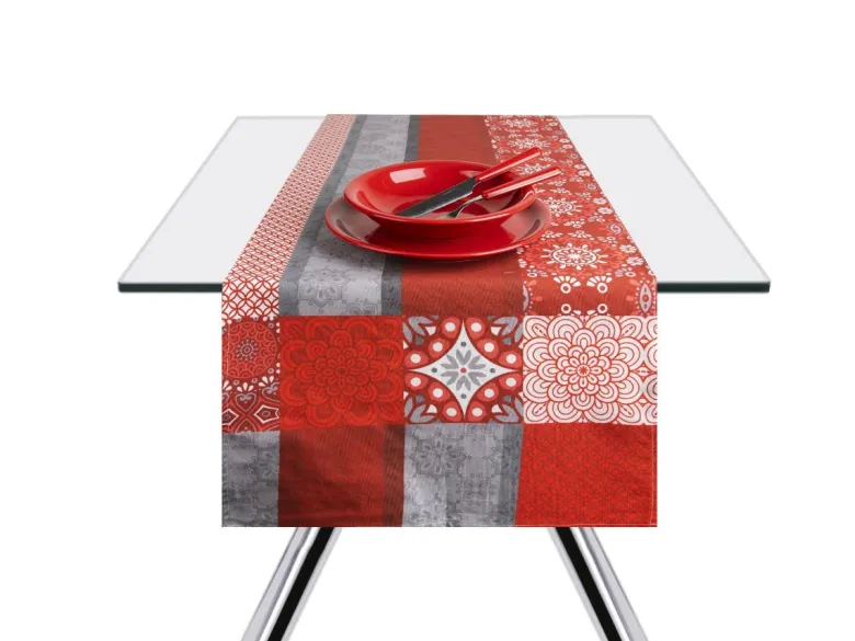 Runner, motivi rossi/grigi, 100% cotone, 45x140 cm